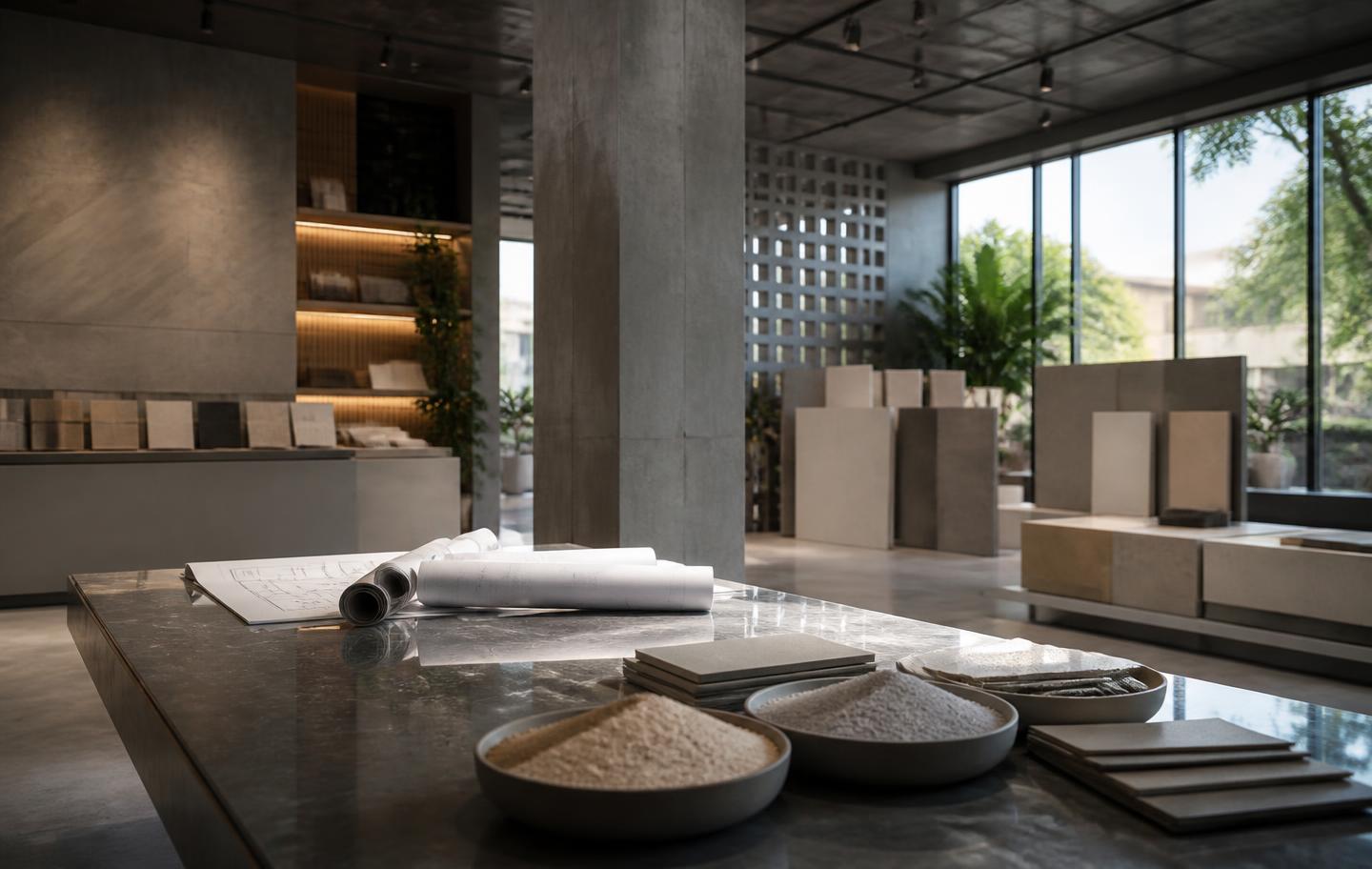 Showroom Andrelit com amostras de argamassa e projetos técnicos